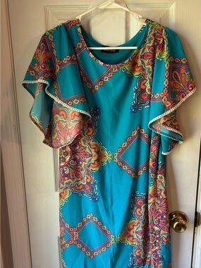 fab'rik Teal Blue Sleeveless Top with Multicolor Trim